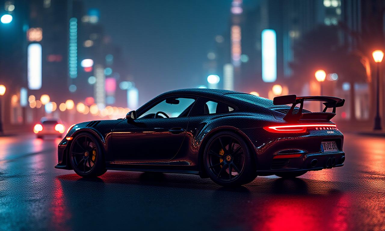 都市の夜景を背景にしたポルシェ911 GT3